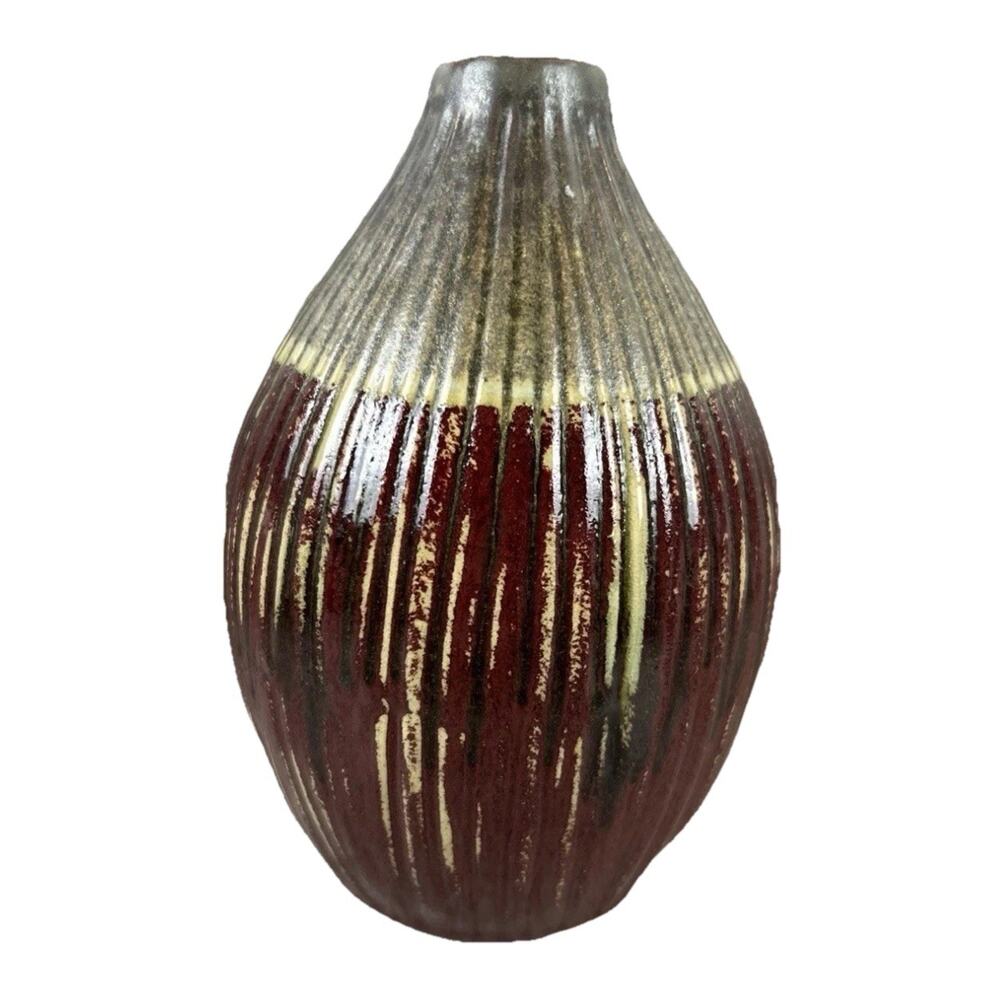 VTG 7” Ribbed Vase Textured Brown And Gray Crate And barrel